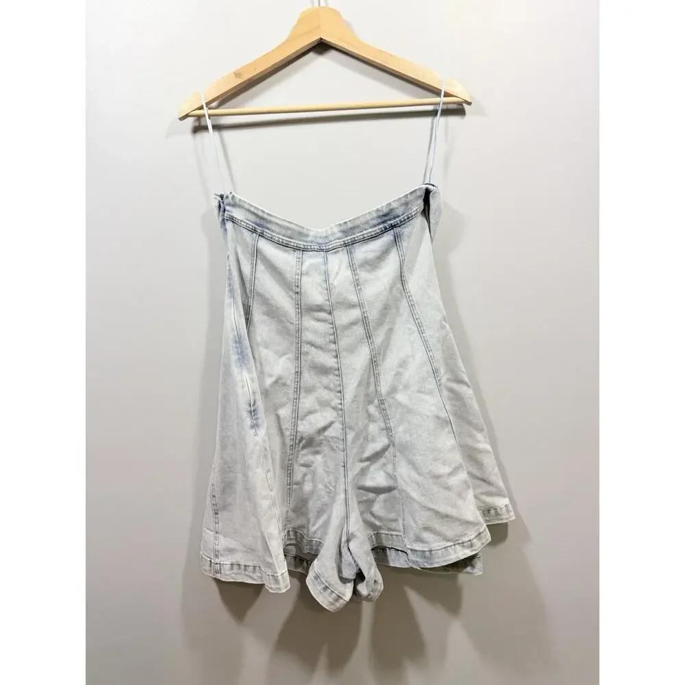Altar'd State Blue Strapless Denim Romper Itgirl Relaxed Size S